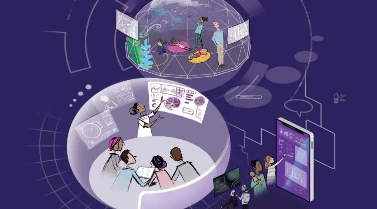 Illustration of people collaborating in virtual meeting spaces