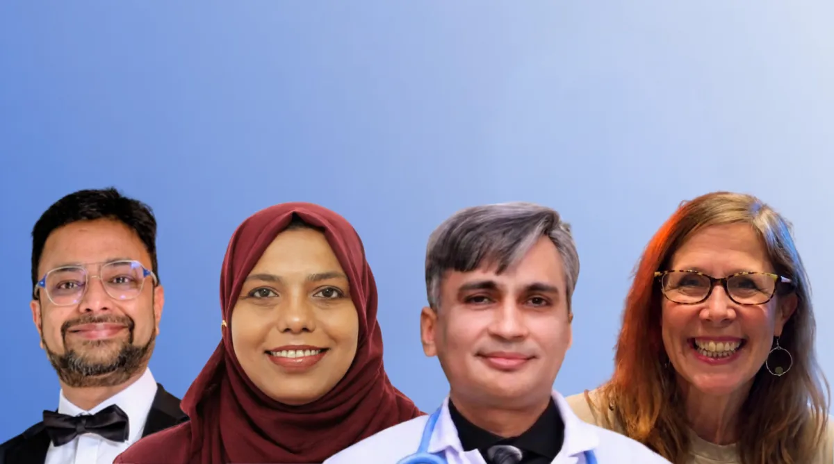 Four SAS doctors (man, woman, man, woman) side by side on a blue background