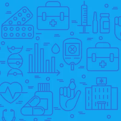 Icons, such as medical briefcase, syringe and medicines, bar chart, hand with blood droplet, hospital