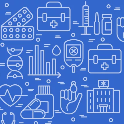 Icons, such as medical briefcase, syringe and medicines, bar chart, hand with blood droplet, hospital