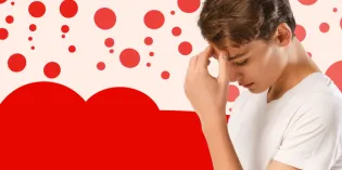 Think measles - boy with head in his hand - red dot background