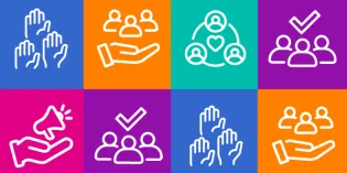 Icons: Hands held up; three figures held by an open hand; three figures with a tick; open hand and megaphone; circle of people surrounding a heart