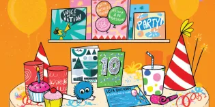 Illustration: Birthday party table, including cards with '10' and 'Party!, hats, cupcakes, on a colourful background with balloons