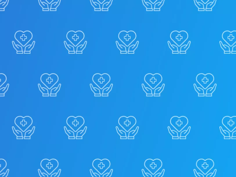 Repeated icon of hands holding heart with a medical cross inside