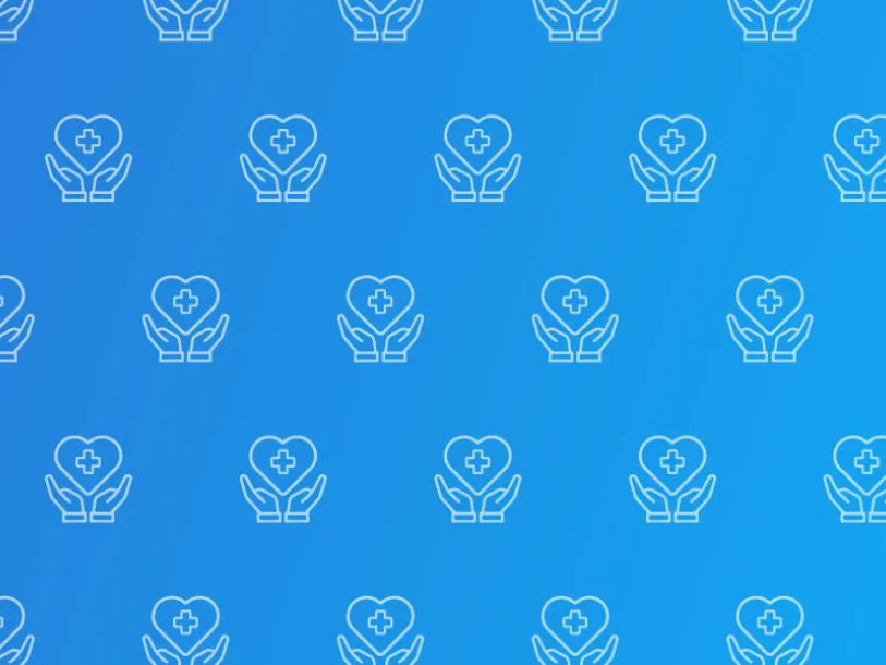 Repeated icon of hands holding heart with a medical cross inside