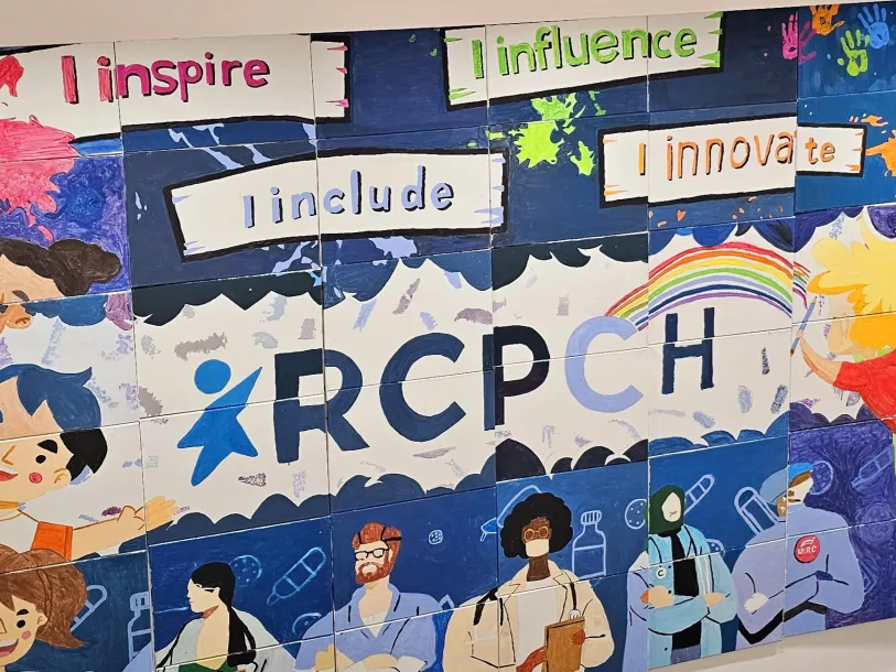 Artwork of RCPCH with I inspire, I include, I influence, I innovate - pictures of healthcare staff, children and bright splashes