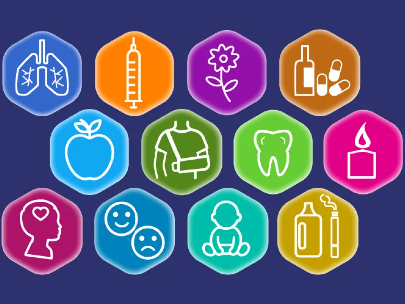 State of Child Health Icons: dynamic child, medical case, document with magnifying glass, computer with document and cursor
