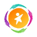 Child icon in orange circle surrounded by colourful shapes